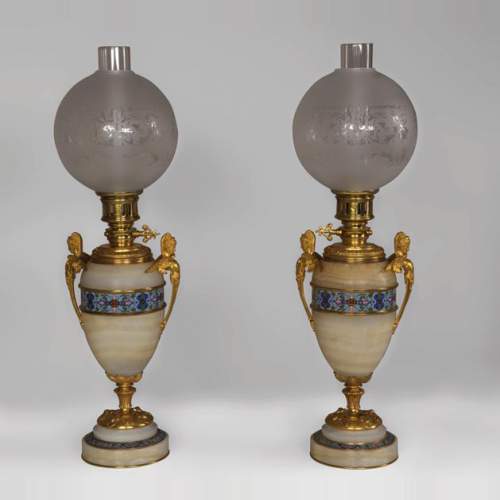 Beautiful antique paire of Onyx lamps with cloisonné enamels and gilded bronze with Sphinx decor