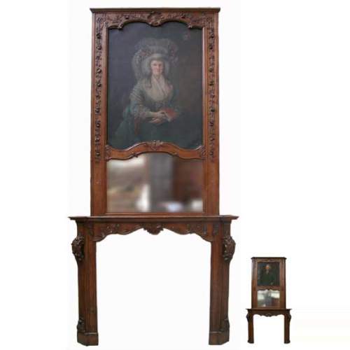 Oak mantle and trumeau with portrait of lady