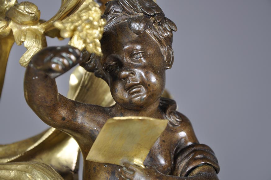 Beautiful pair and antique Louis XV period andirons with Summer Allegories made out of gilded bronze and brown patina bronze-6