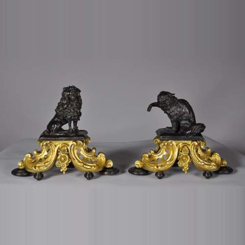 Antique pair of gilded bronze and brown patina bronze andirons with cat and dog decor