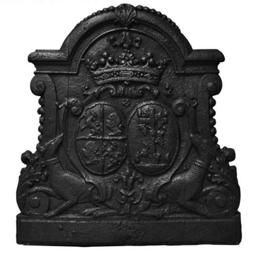 Antique cast iron fireback with wedding coat of arms of Gilles Brunet, Marquis of la Palisse, and Françoise-Suzanne Bignon