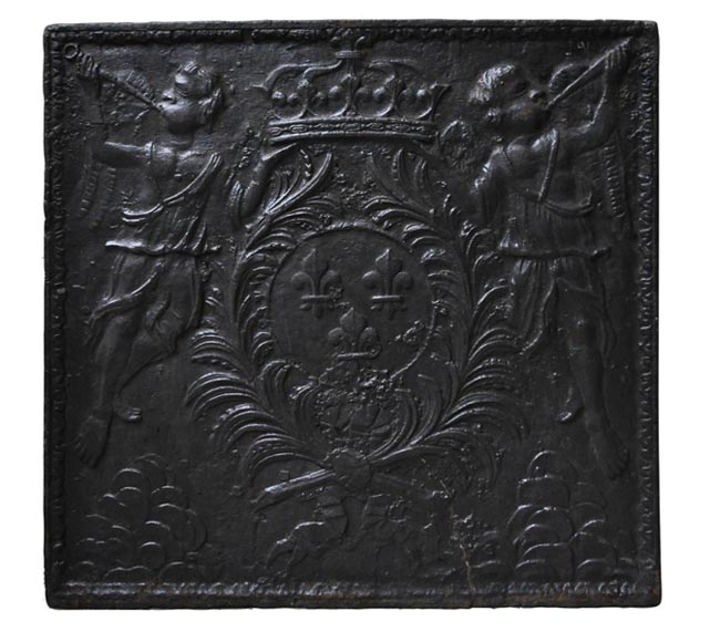 Antique cast iron fireback with French coat of Arms and angels-0