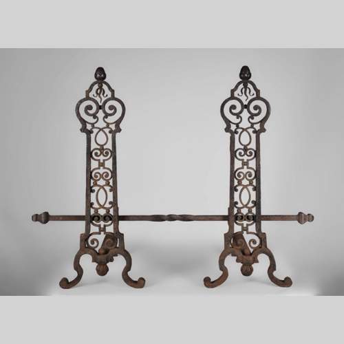 Important pair of wrought iron andirons, 19th century