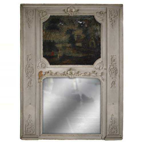 Antique Regence style overmantel mirror with a painting representing a gallant scene