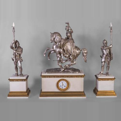 After Jean-Auguste BARRE (1811-1896) - Set clock with Marie de Bourgogne going falcon hunting