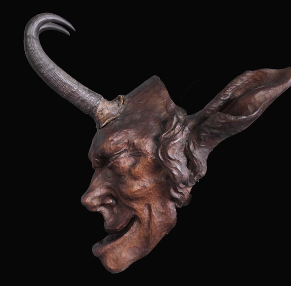 STEINER Hermann (1878-1963) faun mask in carved wood and ibex horns-1