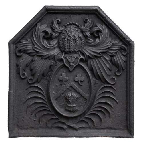 Antique 18th-century fireback with the coat of arms of the Fontaine de Biré family