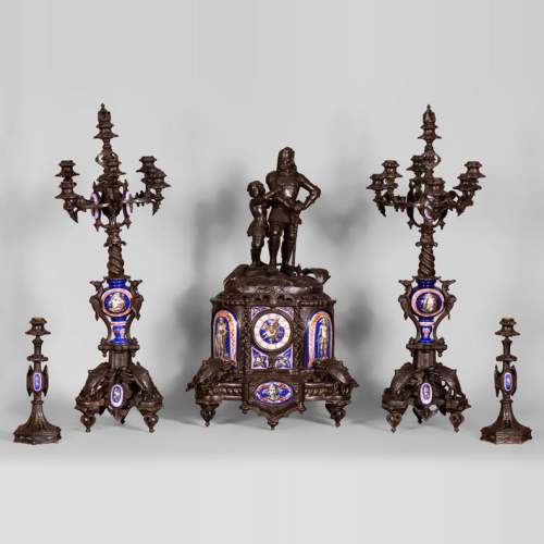 Antique Troubadour style 5 pieces clock set, cast iron and Paris porcelain