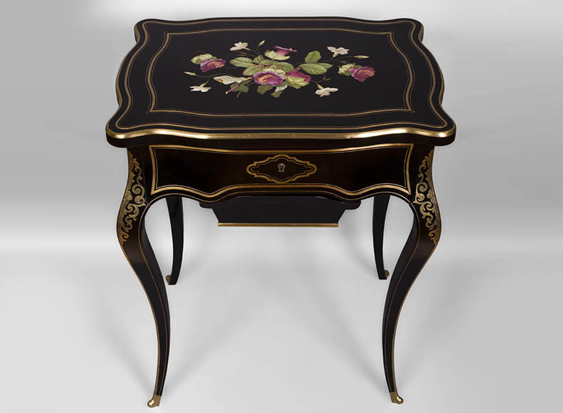 Julien-Nicolas RIVART (1802-1867) - Sewing table in blackened pearwood decorated of wild flowers in porcelain marquetry-0
