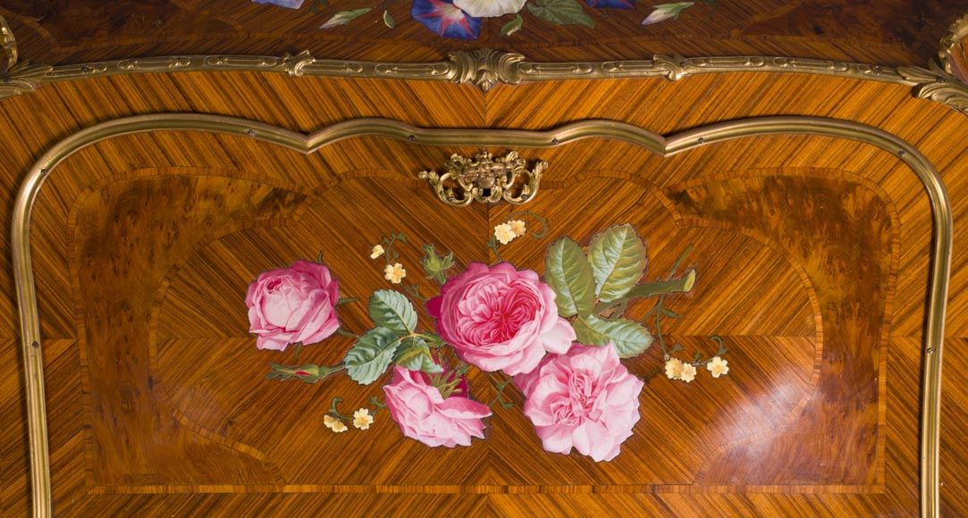 Alphonse GIROUX et cie and Julien-Nicolas RIVART (1802-1867) - Gorgeous writing desk with espagnolettes and decoration of roses in porcelain inlays-2