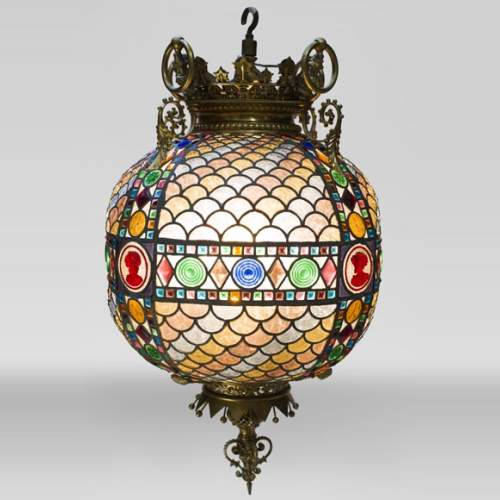 Beautiful antique Neo-Gothic style spherical chandelier in stained glass, late 19th century