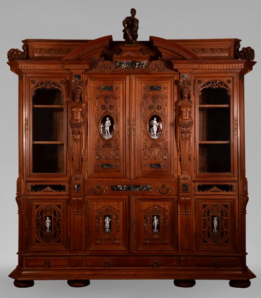 MAZAROZ-RIBAILLIER & SOYER Théophile — Important Neo-Renaissance carved walnut display cabinet with painted enamel plaques-0