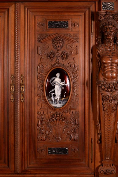 MAZAROZ-RIBAILLIER & SOYER Théophile — Important Neo-Renaissance carved walnut display cabinet with painted enamel plaques-1