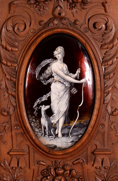 MAZAROZ-RIBAILLIER & SOYER Théophile — Important Neo-Renaissance carved walnut display cabinet with painted enamel plaques-2