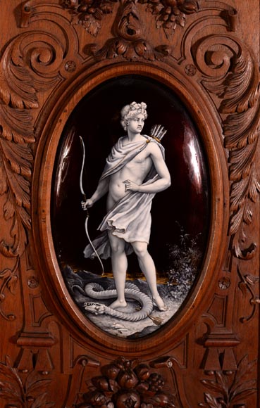 MAZAROZ-RIBAILLIER & SOYER Théophile — Important Neo-Renaissance carved walnut display cabinet with painted enamel plaques-4