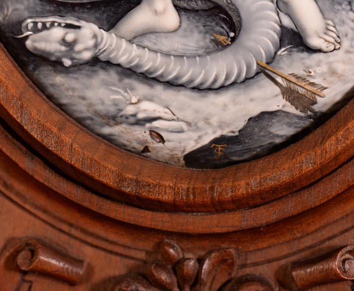 MAZAROZ-RIBAILLIER & SOYER Théophile — Important Neo-Renaissance carved walnut display cabinet with painted enamel plaques-5