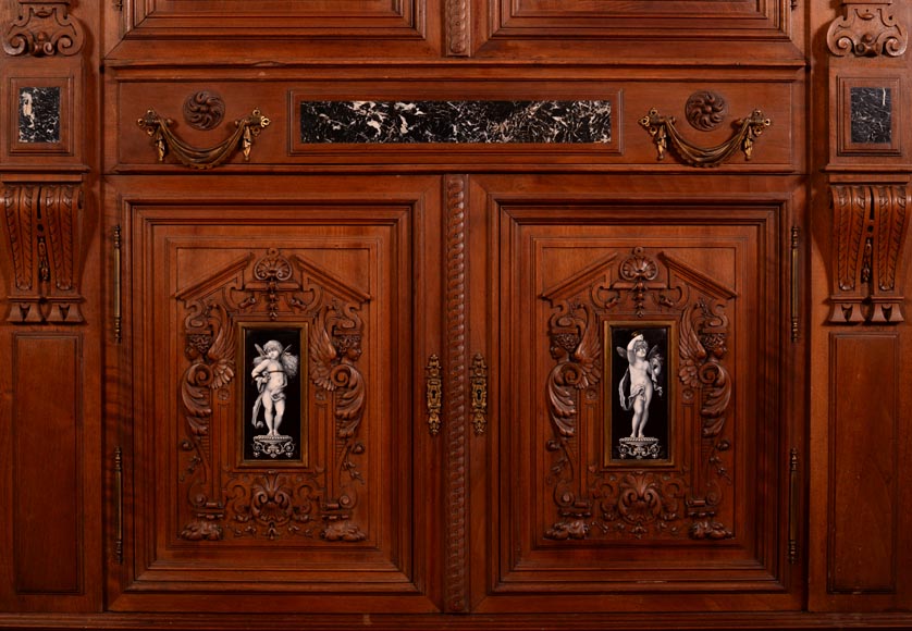 MAZAROZ-RIBAILLIER & SOYER Théophile — Important Neo-Renaissance carved walnut display cabinet with painted enamel plaques-6