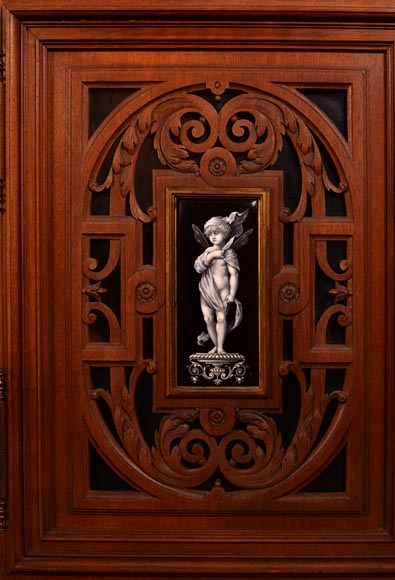 MAZAROZ-RIBAILLIER & SOYER Théophile — Important Neo-Renaissance carved walnut display cabinet with painted enamel plaques-7