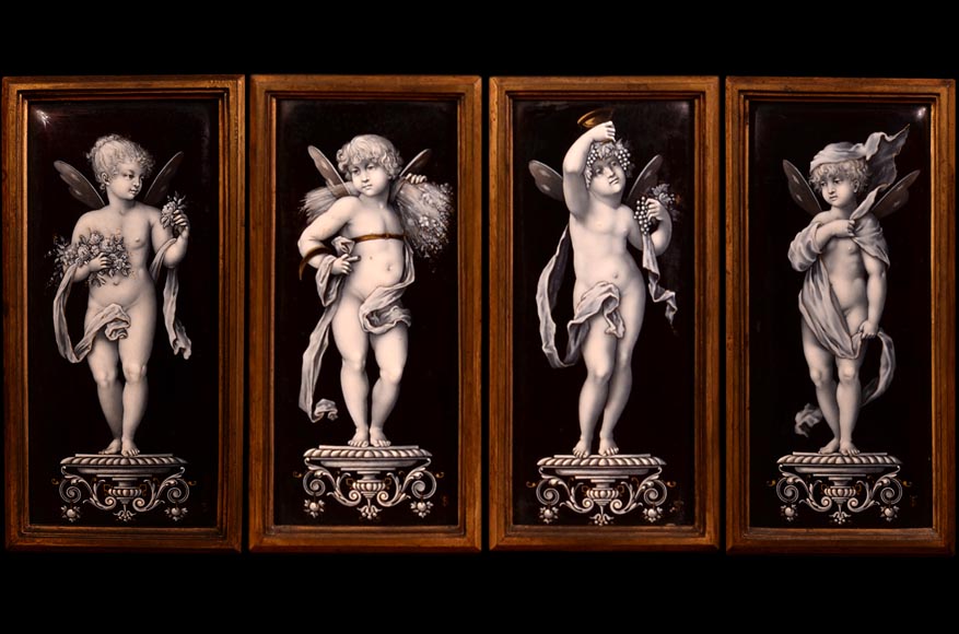 MAZAROZ-RIBAILLIER & SOYER Théophile — Important Neo-Renaissance carved walnut display cabinet with painted enamel plaques-8