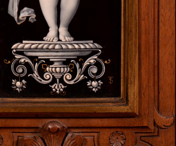 MAZAROZ-RIBAILLIER & SOYER Théophile — Important Neo-Renaissance carved walnut display cabinet with painted enamel plaques-9
