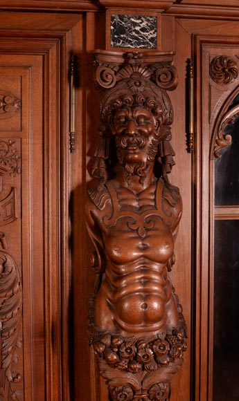 MAZAROZ-RIBAILLIER & SOYER Théophile — Important Neo-Renaissance carved walnut display cabinet with painted enamel plaques-12