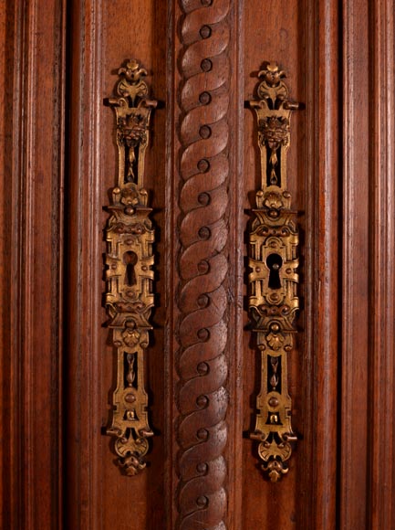 MAZAROZ-RIBAILLIER & SOYER Théophile — Important Neo-Renaissance carved walnut display cabinet with painted enamel plaques-16