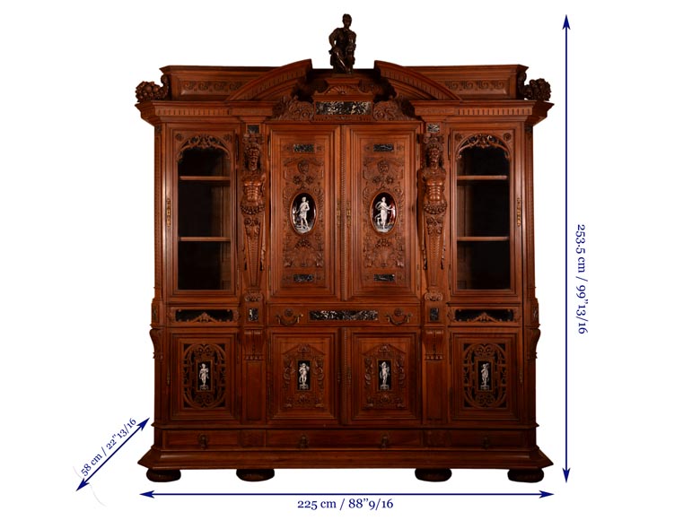 MAZAROZ-RIBAILLIER & SOYER Théophile — Important Neo-Renaissance carved walnut display cabinet with painted enamel plaques-17