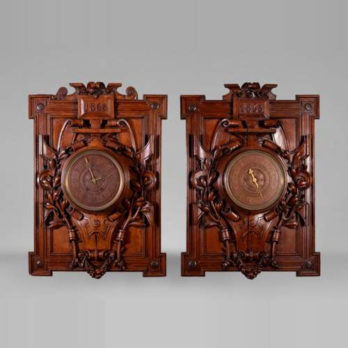 GUERET Frères - Set including an oak clock and barometer