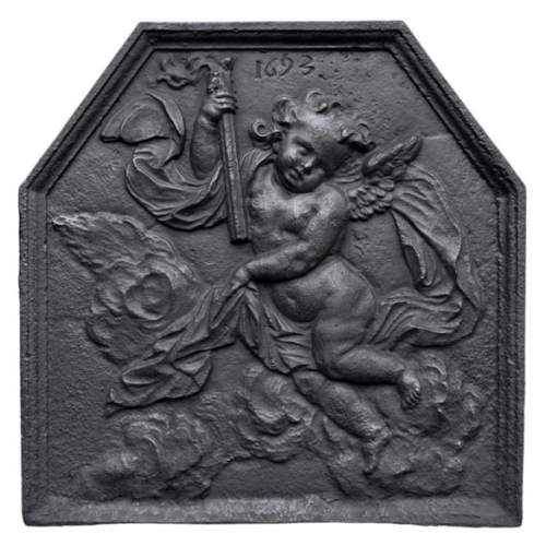 Antique fireback dated 1693 with winged putto holding a torch