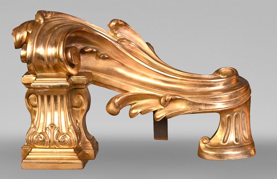 Pair of large-volute gilt bronze andirons, signed Henri Vian, late 19th century-1