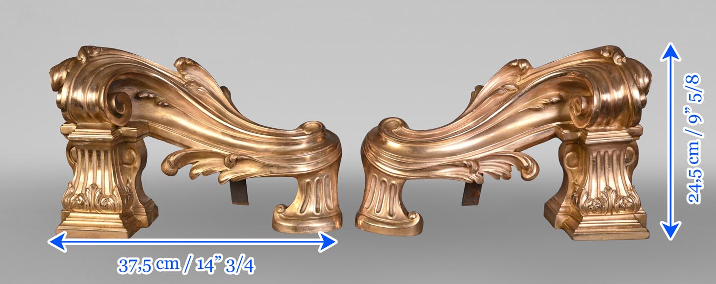 Pair of large-volute gilt bronze andirons, signed Henri Vian, late 19th century-9