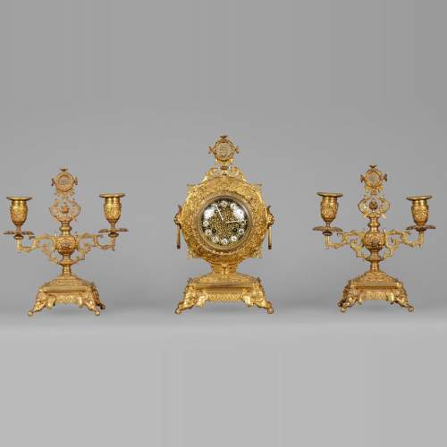 Ferdinand BARBEDIENNE (attributed to) - Gilded bronze set clock in the taste of Japan