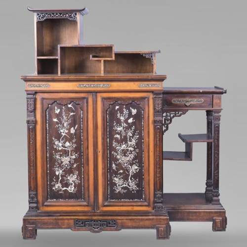 Japanese style low cabinet decorated with birds and mother-of-pearl butterflies