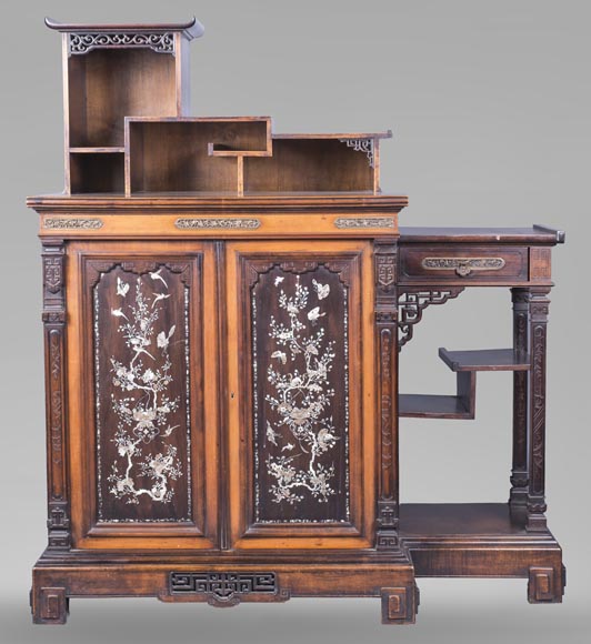 Japanese style low cabinet decorated with birds and mother-of-pearl butterflies-0