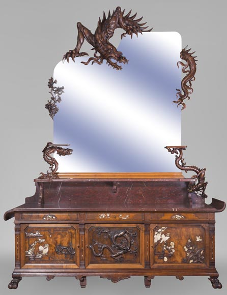 Maison des Bambous Alfred PERRET and Ernest VIBERT - Large Japanese-style cupboard and its mirror with dragons-0
