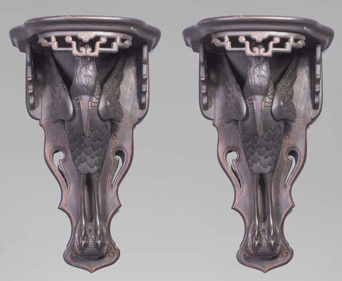 Maison des Bambous Alfred PERRET et Ernest VIBERT (attributed to) - Pair of wall brackets decorated with storks-0