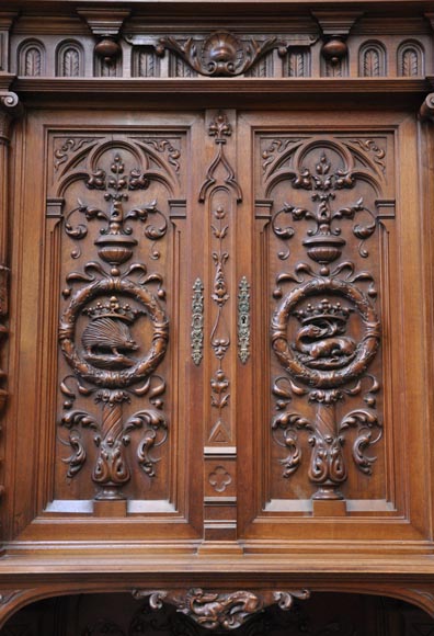 Large Neo-Renaissance style buffet in carved walnut with Louis XII and Francis I of France emblems-1