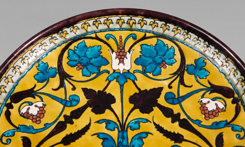 Théodore DECK (1823-1891) - Round ceramic dish with oriental decoration of a vase of flowers and foliage on yellow background-1