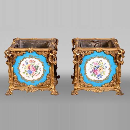 Alfred-Emmanuel-Louis Beurdeley (attributed to) Pair of small porcelain jardinières with gilt-bronze mounts