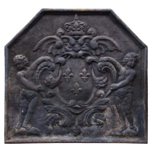 20th century fireback with French coat of arms and putti