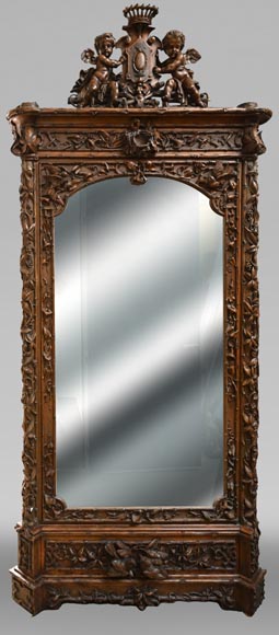 TAHAN (attributed to) — Large carved walnut armoire with mirror and naturalist decoration-0