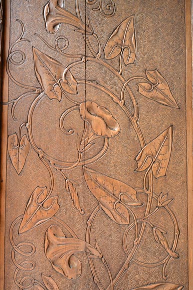 TAHAN (attributed to) — Large carved walnut armoire with mirror and naturalist decoration-12