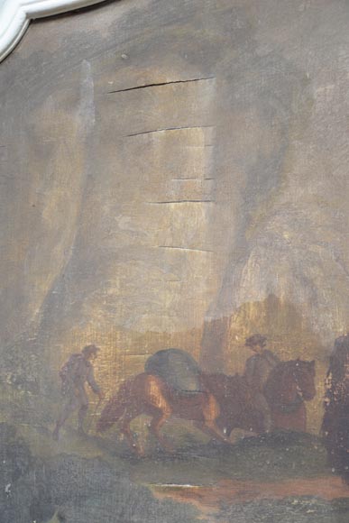 Antique Louis XV style trumeau with an oil on panel representing a scene of merchants on horseback-5