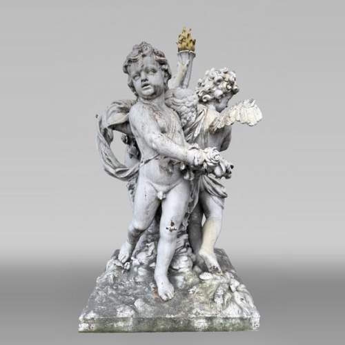 Group of three winged putti in painted cast iron, after the Water Parterres of Versailles
