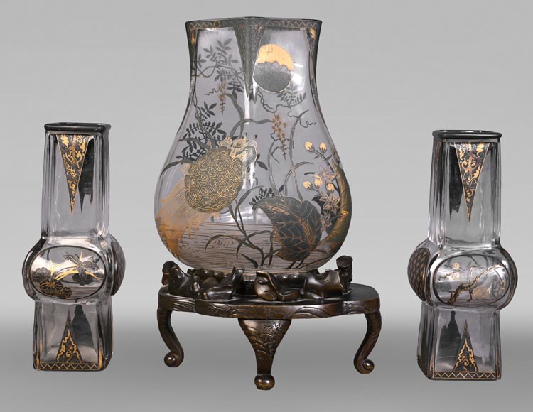 The Escalier de Cristal, a baluster vase on a bronze stand and a pair of bamboo vases in Japonesque crystal-0