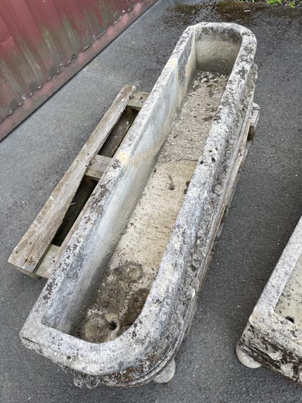 Pair of rectangular stone planters, decorated with floral scrollwork. Pair of rectangular stone planters, decorated with floral scrollwork.-2