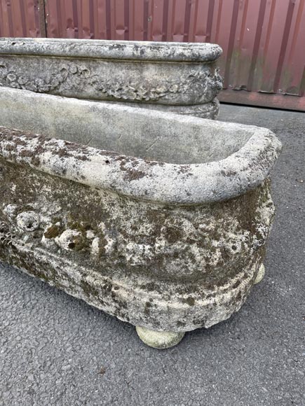 Pair of rectangular stone planters, decorated with floral scrollwork. Pair of rectangular stone planters, decorated with floral scrollwork.-3
