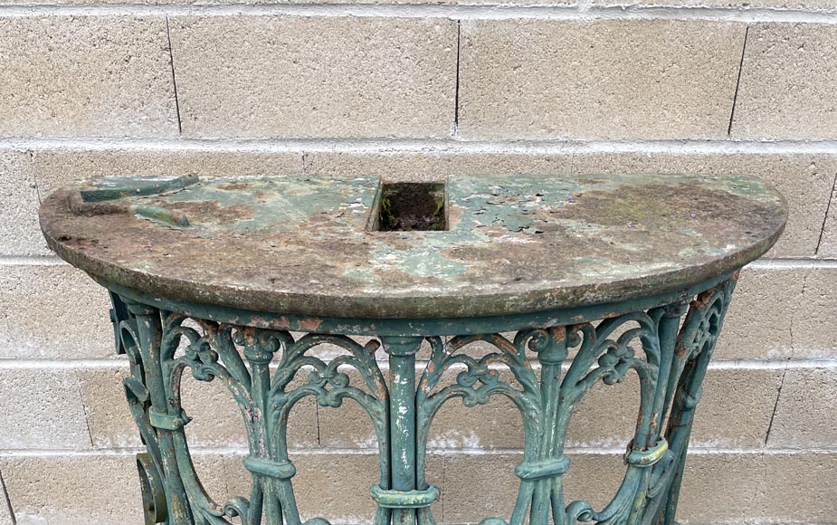 Pair of wrought-iron outdoor side-tables, half-moon shape-6