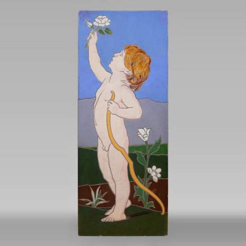 Jules LOEBNITZ (1836 – 1895), Ceramic panel “Child with a flower”
