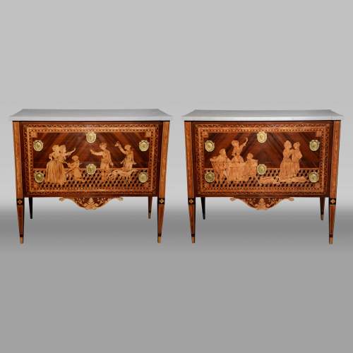 Giuseppe MAGGIOLINI (1738 – 1814)(circle of), Remarkable pair of Neoclassical commodes with marquetry decoration depicting a “Departure for the hunt” and a “ Return from the hunt” beginning of the 19th century